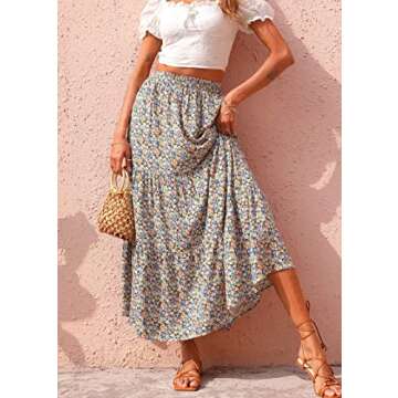 KIRUNDO Women's 2025 Spring Summer High Waist Boho Floral Maxi Skirt Casual Flowy Swing Pleated A Line Beach Long Skirts(Navy, Large)