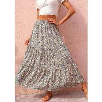KIRUNDO Women's 2025 Spring Summer High Waist Boho Floral Maxi Skirt Casual Flowy Swing Pleated A Line Beach Long Skirts(Navy, Large)