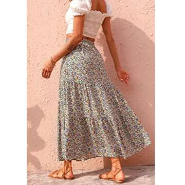KIRUNDO Women's 2025 Spring Summer High Waist Boho Floral Maxi Skirt Casual Flowy Swing Pleated A Line Beach Long Skirts(Navy, Large)