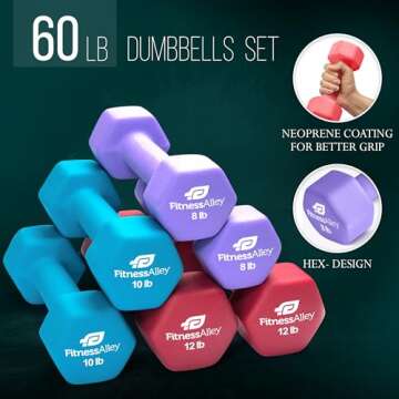 Fitness Alley Neoprene 3 Pairs Workout Dumbbells (8LB,10LB &12LB) - Non Slip, Anti Roll Exercise & Fitness Dumbbells Combo - Hex Shaped Hand weights for Men & Women - Ideal for Home and Gyms training