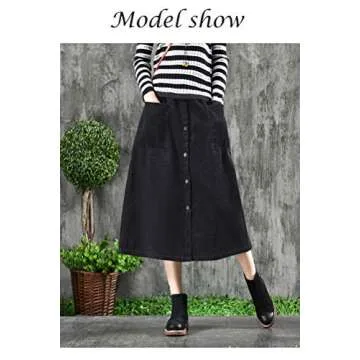 Minibee Women's Corduroy Midi Skirt Front Split Buttons Decoration A-Line Dress