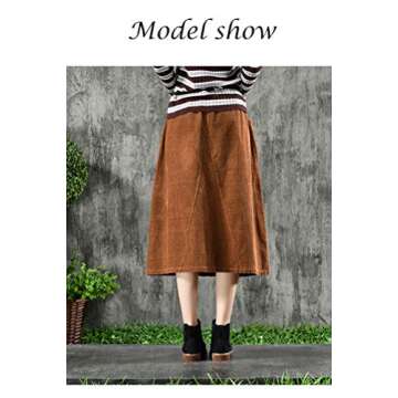 Minibee Women's Corduroy Midi Skirt Front Split Buttons Decoration A-Line Dress