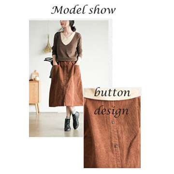 Minibee Women's Corduroy Midi Skirt Front Split Buttons Decoration A-Line Dress