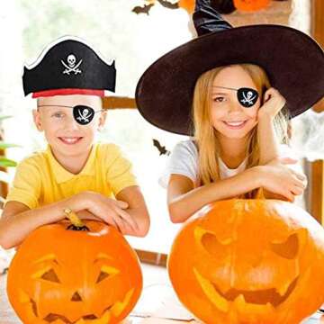 FIVOINS 4 Pieces Classic Pirate Hat Skull Print Pirate Costume Cap Eye Mask Felt Pirate Captain Hat and Black Pirate Eye Patches for Halloween Masquerade Pirate Themed Party Supplies