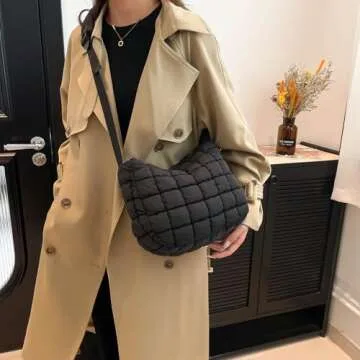 I IHAYNER Puffer Tote Bag for Women Lightweight Quilted Padding Hobo Bag Large Soft Puffy Crossbody Shoulder Bag Purse Coffee