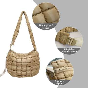 I IHAYNER Puffer Tote Bag for Women Lightweight Quilted Padding Hobo Bag Large Soft Puffy Crossbody Shoulder Bag Purse Coffee