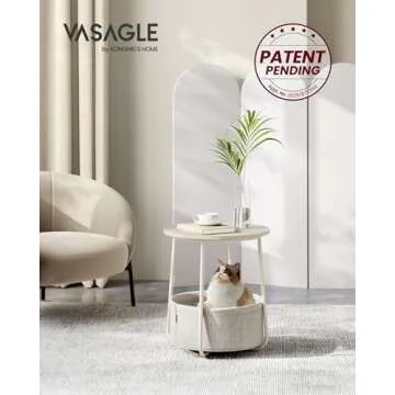 VASAGLE End Table, Small Bedside Table with Fabric Basket, Modern Nightstand, Round Side Table, for Living Room, Bedroom, Cream White ULET223K67