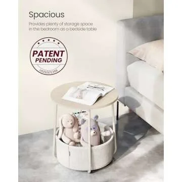 VASAGLE End Table, Small Bedside Table with Fabric Basket, Modern Nightstand, Round Side Table, for Living Room, Bedroom, Cream White ULET223K67