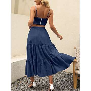 ANRABESS Women’s Summer Boho Flowy Swing Tiered A-Line Midi Skirt 2025 Fashion Trendy Elastic Waist Pleated Long Beach Dress with Pockets Navy Blue Small