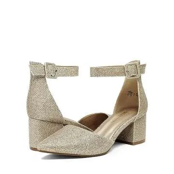 DREAM PAIRS Womens Low Heel Pump Shoes, Gold/Glitter - 9 (Annee)