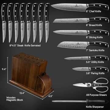 Piklohas Kitchen Knife Sets for Kitchen with Block, 17 Pieces with Magnetic Knife Holder, German High Carbon Stainless Steel Damascus Pattern Chef Knives Set with Sharpener, Steak Knives