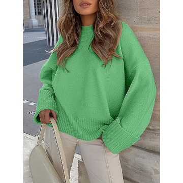 LOGENE Women's Oversized Sweater Crewneck Long Sleeve Soft Fuzzy Knit Pullover Sweaters 2024 Winter Fashion Warm Tops Clothes Lake Green X-Large