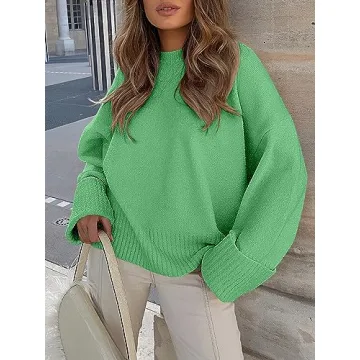 LOGENE Women's Oversized Sweater Crewneck Long Sleeve Soft Fuzzy Knit Pullover Sweaters 2024 Winter Fashion Warm Tops Clothes Lake Green X-Large