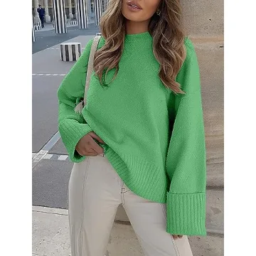 LOGENE Women's Oversized Sweater Crewneck Long Sleeve Soft Fuzzy Knit Pullover Sweaters 2024 Winter Fashion Warm Tops Clothes Lake Green X-Large