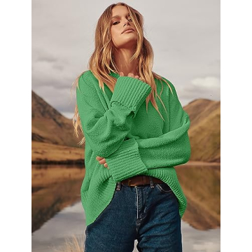LOGENE Women's Oversized Sweater Crewneck Long Sleeve Soft Fuzzy Knit Pullover Sweaters 2024 Winter Fashion Warm Tops Clothes Lake Green X-Large