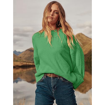 LOGENE Women's Oversized Sweater Crewneck Long Sleeve Soft Fuzzy Knit Pullover Sweaters 2024 Winter Fashion Warm Tops Clothes Lake Green X-Large