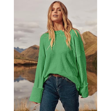 LOGENE Women's Oversized Sweater Crewneck Long Sleeve Soft Fuzzy Knit Pullover Sweaters 2024 Winter Fashion Warm Tops Clothes Lake Green X-Large