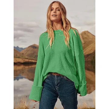 LOGENE Women's Oversized Sweater Crewneck Long Sleeve Soft Fuzzy Knit Pullover Sweaters 2024 Winter Fashion Warm Tops Clothes Lake Green X-Large