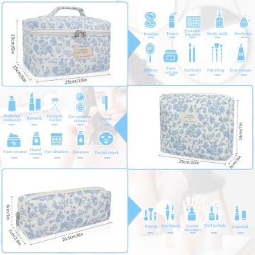Makeup Bag Set, Quilted Makeup Bag, Large Floral Cosmetic Bag for Women, Cute Cotton Makeup Bags, Flower Travel Toiletry Organizer Bag