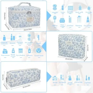 Makeup Bag Set, Quilted Makeup Bag, Large Floral Cosmetic Bag for Women, Cute Cotton Makeup Bags, Flower Travel Toiletry Organizer Bag