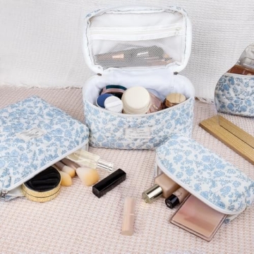 Makeup Bag Set, Quilted Makeup Bag, Large Floral Cosmetic Bag for Women, Cute Cotton Makeup Bags, Flower Travel Toiletry Organizer Bag