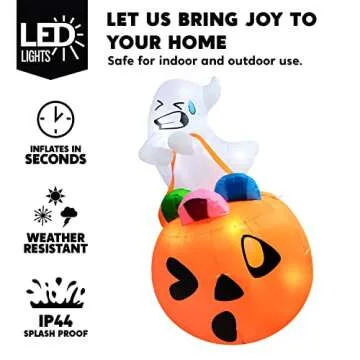 Joiedomi 5 FT Tall Halloween Inflatables Outdoor Decorations, Inflatable Cute Ghost Halloween Decor Outdoor, Blow Up Ghost Lift Pumpkin Candy Bag with Build-in LEDs for Halloween Yard Decorations