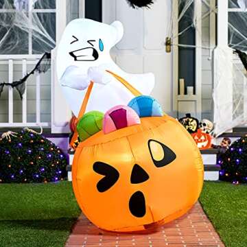 Joiedomi 5 FT Tall Halloween Inflatables Outdoor Decorations, Inflatable Cute Ghost Halloween Decor Outdoor, Blow Up Ghost Lift Pumpkin Candy Bag with Build-in LEDs for Halloween Yard Decorations