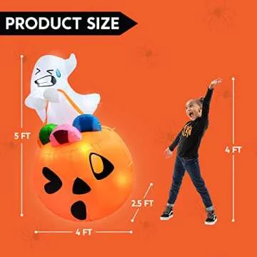 Joiedomi 5 FT Tall Halloween Inflatables Outdoor Decorations, Inflatable Cute Ghost Halloween Decor Outdoor, Blow Up Ghost Lift Pumpkin Candy Bag with Build-in LEDs for Halloween Yard Decorations