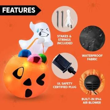 Joiedomi 5 FT Tall Halloween Inflatables Outdoor Decorations, Inflatable Cute Ghost Halloween Decor Outdoor, Blow Up Ghost Lift Pumpkin Candy Bag with Build-in LEDs for Halloween Yard Decorations