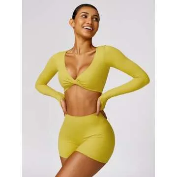 ABOCIW Womens Workout Sets Twist Front Long Sleeve Crop Tops Yoga Shirts Scrunch Butt High Waist Biker Shorts Gym Sets 2 Piece Outfits Twist Front Ginger Medium