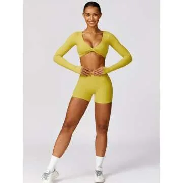 ABOCIW Womens Workout Sets Twist Front Long Sleeve Crop Tops Yoga Shirts Scrunch Butt High Waist Biker Shorts Gym Sets 2 Piece Outfits Twist Front Ginger Medium
