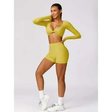ABOCIW Womens Workout Sets Twist Front Long Sleeve Crop Tops Yoga Shirts Scrunch Butt High Waist Biker Shorts Gym Sets 2 Piece Outfits Twist Front Ginger Medium