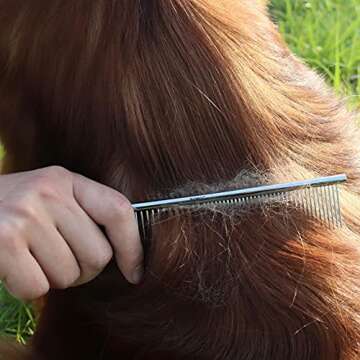 ROPO Dog Comb for Removing Matted Fur - Pet Dematting Comb with Rounded Teeth and Non-Slip Grip Handle - Prevents Knots and Mats for Long and Short Haired Pets (Round handle, Bright Silver)