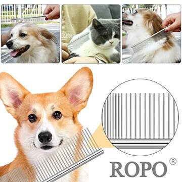 ROPO Dog Comb for Removing Matted Fur - Pet Dematting Comb with Rounded Teeth and Non-Slip Grip Handle - Prevents Knots and Mats for Long and Short Haired Pets (Round handle, Bright Silver)