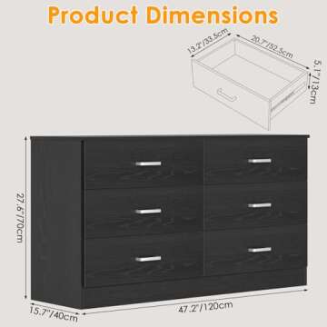 Bigbiglife Wood Dresser for Bedroom, 6 Drawer Double Dresser, Modern Chest of Drawers with Deep Drawers, Large Storage Organizer for Living Room, Closet,15.8" D x 47.2" W x 27.7" H (Black)