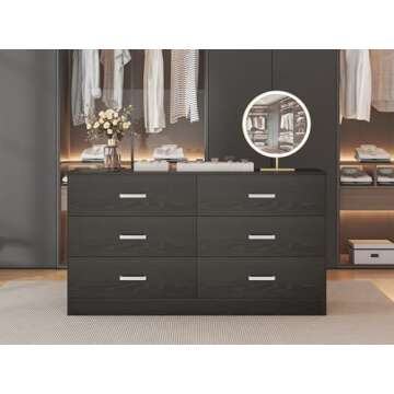 Bigbiglife Wood Dresser for Bedroom, 6 Drawer Double Dresser, Modern Chest of Drawers with Deep Drawers, Large Storage Organizer for Living Room, Closet,15.8" D x 47.2" W x 27.7" H (Black)