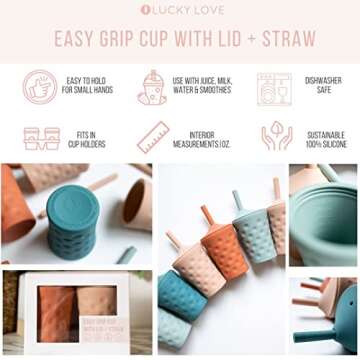 Lucky Love Silicone Sippy Cup With Straw | Easy Grip Baby Cups 6-12 Months + Toddler Cups Spill Proof With Lid & Straw (2 Pack - Blue + Green Silicone Cup)