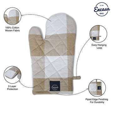 Encasa Homes Long 12" Oven Microwave Hand Gloves Mitts (2 pc Set) for Kitchen Cooking & Baking - Heat Resistant, Thick & Safe, Protection of Hands from Hot Utensils - Buffalo Beige Checks