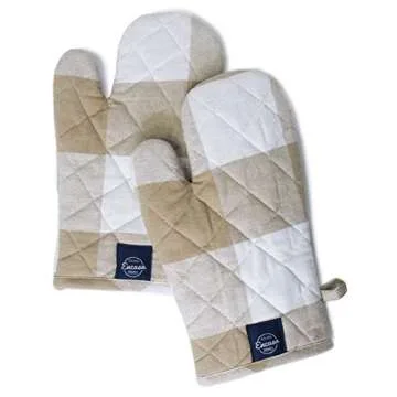 Encasa Homes Long 12" Oven Microwave Hand Gloves Mitts (2 pc Set) for Kitchen Cooking & Baking - Heat Resistant, Thick & Safe, Protection of Hands from Hot Utensils - Buffalo Beige Checks