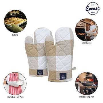 Encasa Homes Long 12" Oven Microwave Hand Gloves Mitts (2 pc Set) for Kitchen Cooking & Baking - Heat Resistant, Thick & Safe, Protection of Hands from Hot Utensils - Buffalo Beige Checks