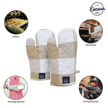 Encasa Homes Long 12" Oven Microwave Hand Gloves Mitts (2 pc Set) for Kitchen Cooking & Baking - Heat Resistant, Thick & Safe, Protection of Hands from Hot Utensils - Buffalo Beige Checks