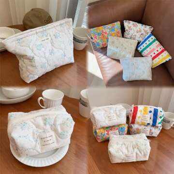 Sminra 2 Pieces Floral Makeup Bag, Cute Travel Quilted Pouch Cosmetic Bag Organizer, Small Cotton Co...