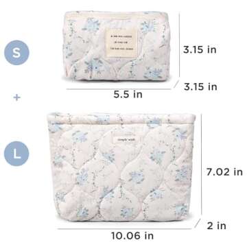 Sminra 2 Pieces Floral Makeup Bag, Cute Travel Quilted Pouch Cosmetic Bag Organizer, Small Cotton Coquette Aesthetic Purse Toiletry Bag for Women Girls accessories (2PCS-Blue Floral)
