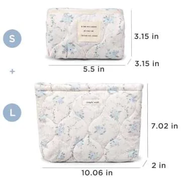 Sminra 2 Pieces Floral Makeup Bag, Cute Travel Quilted Pouch Cosmetic Bag Organizer, Small Cotton Coquette Aesthetic Purse Toiletry Bag for Women Girls accessories (2PCS-Blue Floral)