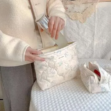 Sminra 2 Pieces Floral Makeup Bag, Cute Travel Quilted Pouch Cosmetic Bag Organizer, Small Cotton Coquette Aesthetic Purse Toiletry Bag for Women Girls accessories (2PCS-Blue Floral)