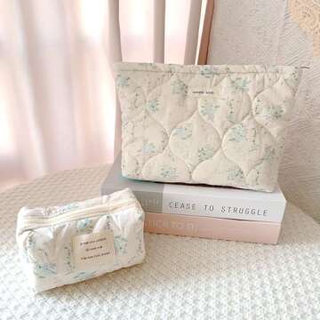 Sminra 2 Pieces Floral Makeup Bag, Cute Travel Quilted Pouch Cosmetic Bag Organizer, Small Cotton Coquette Aesthetic Purse Toiletry Bag for Women Girls accessories (2PCS-Blue Floral)
