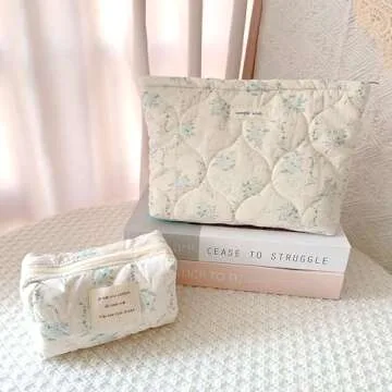 Sminra 2 Pieces Floral Makeup Bag, Cute Travel Quilted Pouch Cosmetic Bag Organizer, Small Cotton Coquette Aesthetic Purse Toiletry Bag for Women Girls accessories (2PCS-Blue Floral)