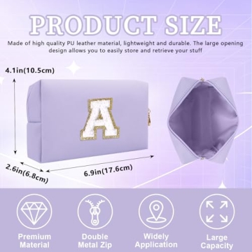 Personalized Initial Letter Patch Makeup Bag, Preppy Small Chenille Cosmetic Bag with Zipper, PU Lea...