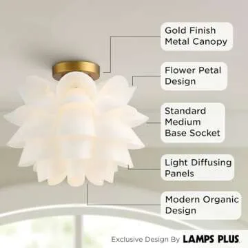 Possini Euro Design Mid Century Modern Glam Close to Ceiling Light Semi Flush Mount Fixture White Flower Gold Metal 15 3/4" Wide for House Bedroom Hallway Living Room Bathroom Dining Kitchen