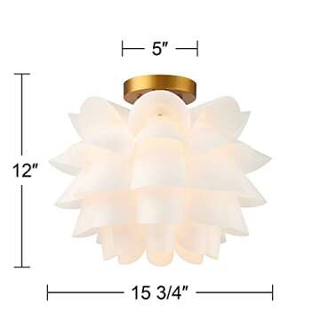 Possini Euro Design Mid Century Modern Glam Close to Ceiling Light Semi Flush Mount Fixture White Flower Gold Metal 15 3/4" Wide for House Bedroom Hallway Living Room Bathroom Dining Kitchen